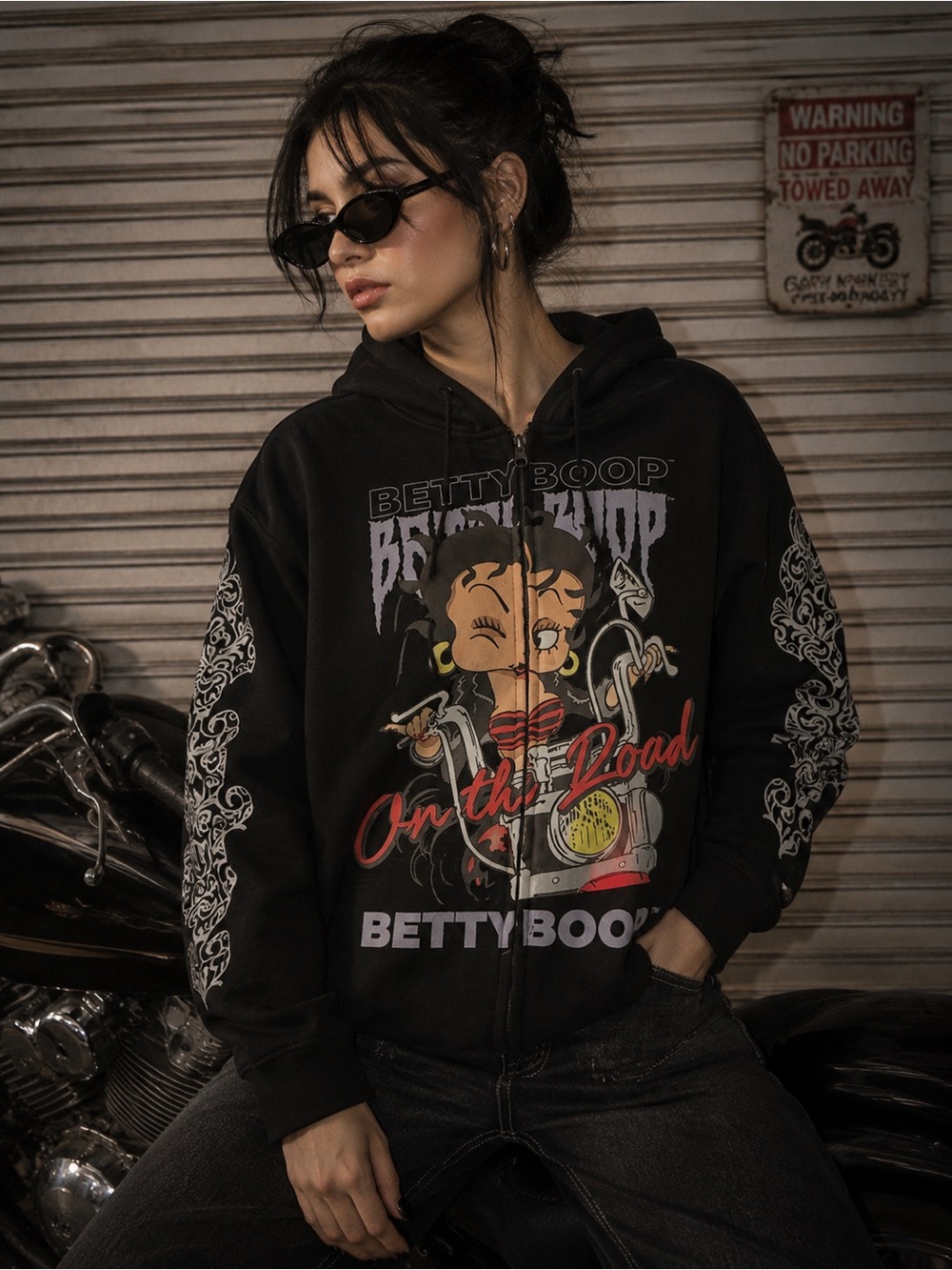 Betty Boop Biker Zip Hoodie Black Gothic Y2K Jacket 1X